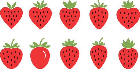 Flat strawberry icon set in minimal vector style, fresh red berry illustrations for food design, packaging, healthy nutrition, and organic branding © MstMukta