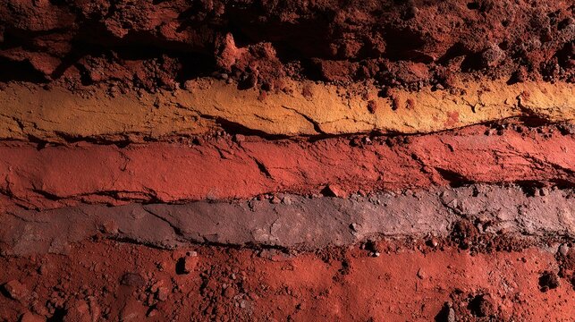 Detailed shot of stratified bauxite layers in vivid tropical laterite soil. Shows distinct mineral banding and granular texture under natural sunlight