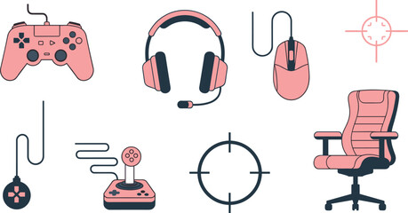 Flat gaming accessories icon set with controller, headset, mouse, joystick and chair, modern vector illustrations for esports and streaming design © MstMukta