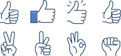 Hand Gesture Line Art Illustration Set with Peace Signs and Heart Symbol for Love and Diversity