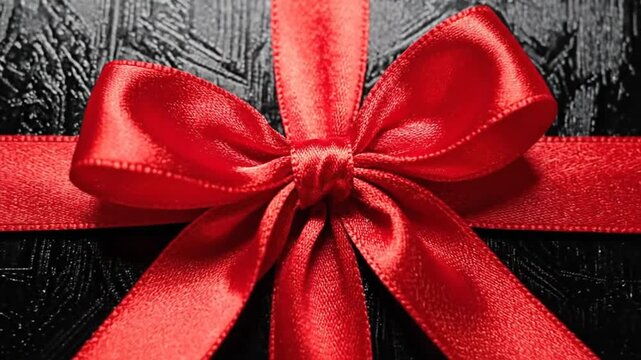 Elegant red ribbon tied in a bow on a dark textured background, perfect for gifts.