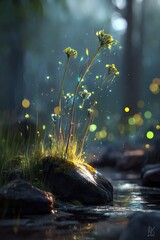 Glowing Flowers By Stream In Forest