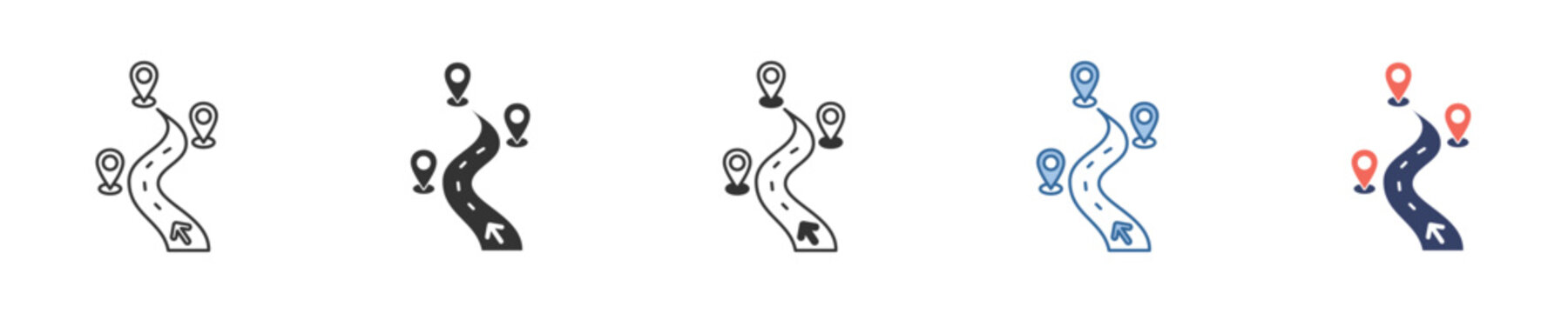Vector icons depicting a winding path marked with multiple location pins, illustrating a journey, multi-stop route, or comprehensive travel navigation for various mapping applications