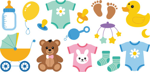 Fototapeta premium Cute Baby Essentials Line Icon Set Stroller, Bottle, Pacifier & Nursery Items