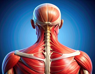Artistic anatomical depiction of the human back, muscles and skeletal structure, on blue gradient