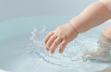 Fototapeta premium Close-up of a tiny baby hand gently touching pure water, creating a sparkling splash and radiating droplets during bath time.