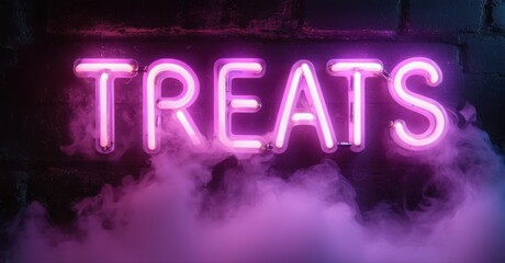 Obraz premium Bright pink neon sign spells TREATS. Dark brick wall background with purple smoke effects. Festive, vibrant illumination present.