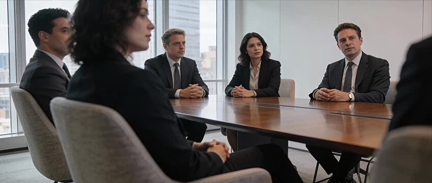Business meeting corporate boardroom executive teamwork negotiation strategy planning, serious colleague listening in focused discussion around conference table in modern office, city skyline view