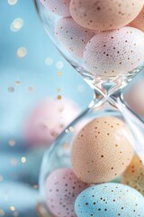 Hourglass filled with pastel colored Easter eggs. Generative Ai