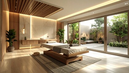 Fototapeta premium Serene Spa Retreat - Tranquil Massage Room with Garden View.