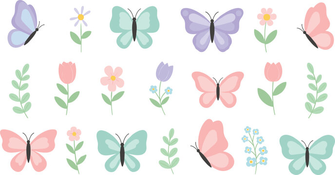 Pastel butterfly and flower icon set in flat vector style for spring decoration, nature illustrations, kids design and soft feminine graphics