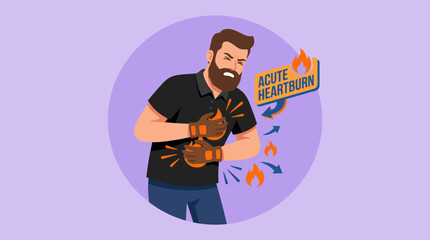 Acute Heartburn and Acid Reflux Illustration. Bearded Man Suffering from Chest Pain, GERD Symptom and Digestive Problem Vector.