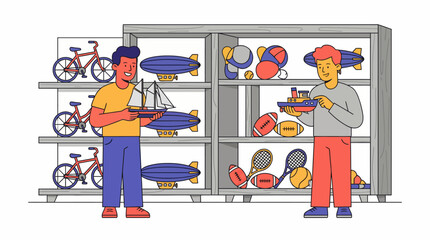 Happy Men Shopping for Hobby Models and Toys. Retail Store Shelf with Sports Equipment and Leisure Goods. Modern Vector Illustration. © Anang