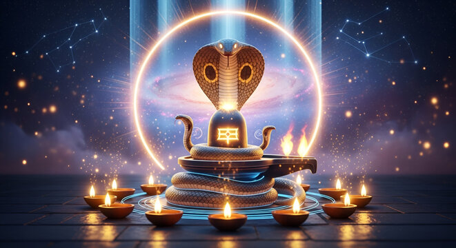 Shivling maha shivaratri sacred snake worship with glowing lamps cosmic spiritual energy hindu festival devotion meditation culture background