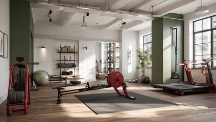 Fototapeta premium Interior gym scene with fitness equipment, natural light, and modern design