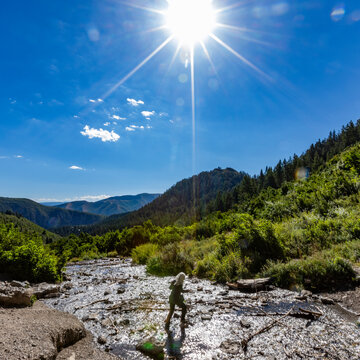 USA, Utah, Sundance, Woman hiking in landscape on sunny day