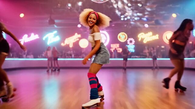 A young girl with curly hair wearing a white t-shirt, jean skirt, and colorful knee-high socks roller skates on a wooden floor with other people
