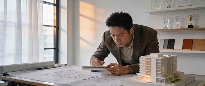 Architect blueprint ruler model building design office planning, focused male professional measuring floor plan and miniature apartment scale model on drafting table, daylight studio workspace