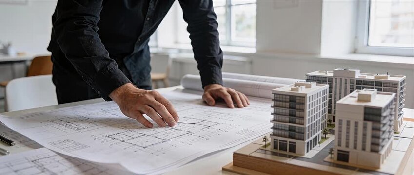 Architect blueprint building model architecture construction design planning office floorplan review, hands with scale apartment mockup in studio for modern urban development project