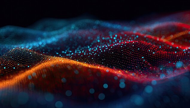 Colorful abstract digital landscape with flowing waves of red, orange, and blue particles