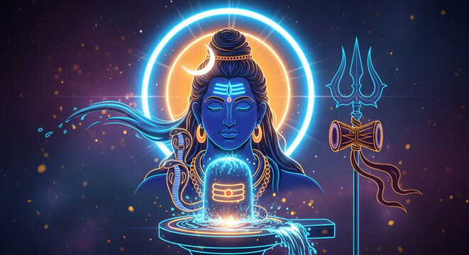 Shiva divine meditation hindu god maha shivaratri spiritual illustration with glowing shivling om energy trident devotion culture festival background art