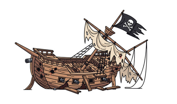 Old broken pirate ship after sea battle cartoon vector illustration isolated on white background