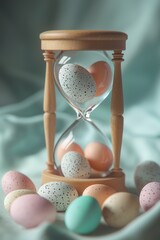 Hourglass filled with pastel colored Easter eggs. Generative Ai