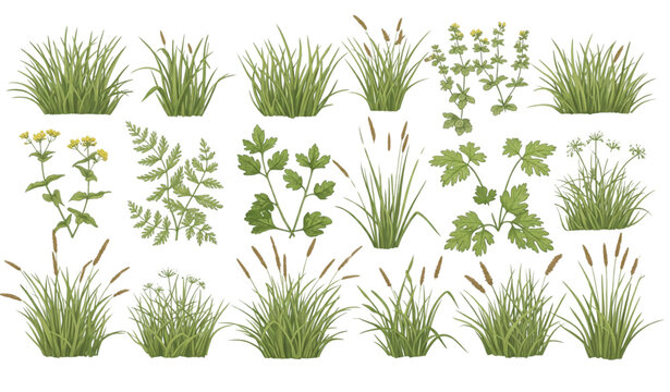 Realistic grass tufts and meadow herbs vector illustration isolated on transparent background
