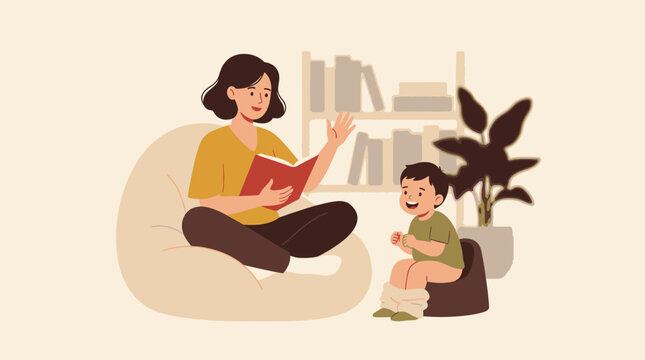 Mom reads a book to support her smiling young son during successful potty training sitting on a toddler potty chair. Early childhood milestone illustration.