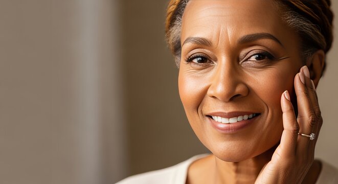 Stunning Mature African American Woman with Radiant Smile and Confident Elegance in Natural Light