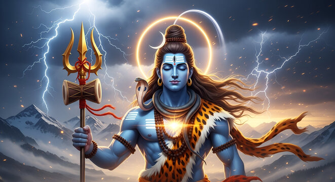 Shiva meditative divine form with trident glowing aura cosmic power Himalayan background representing Maha Shivaratri spirituality devotion culture worship art concept