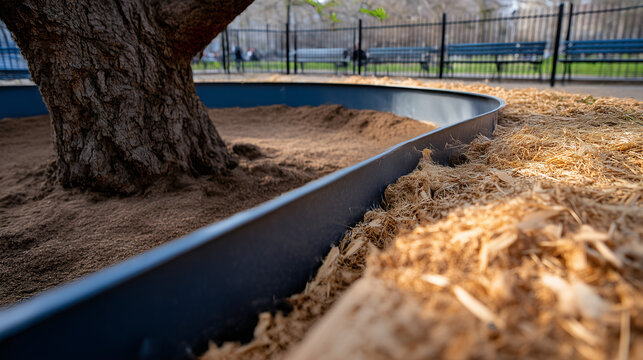 Low profile soil edge with metal edging and mulch around a tree base landscape edging.