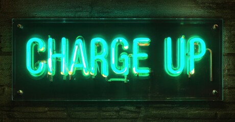 Obraz premium Bright neon sign displays Charge Up. Dark background emphasizes glowing text. Modern aesthetic, vibrant colors, simple message.