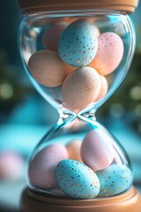 Hourglass filled with pastel colored Easter eggs. Generative Ai