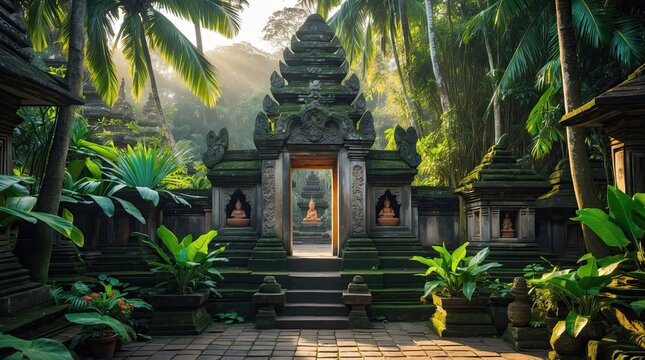 Serene Balinese Temple Courtyard Surrounded by Lush Tropical Jungle