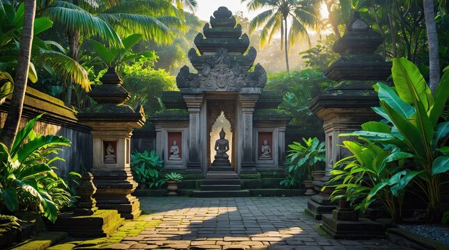 Serene Balinese Temple Courtyard Surrounded by Lush Tropical Jungle