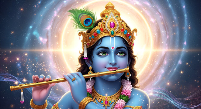 Krishna divine portrait with flute cosmic aura spiritual devotion Hindu culture faith meditation peace art background for festival worship branding design
