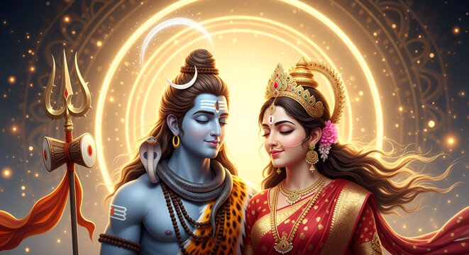 Maha shivaratri lord shiva and goddess parvati divine union artwork for hindu festival devotion meditation culture spiritual celebration background