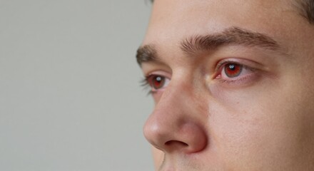 Fototapeta premium Close-up Portrait of a Young Man with Red Eyes, Conjunctivitis, and Irritation, Focusing on Health
