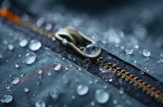 Macro shot of a metal zipper and water droplets on fabric. Detailed view with focus on surface