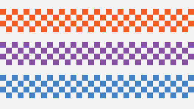 Three horizontal bands with checkerboard patterns in orange, purple, and blue, featuring small alternating colored and white squares, creating a pixelated graphic design.