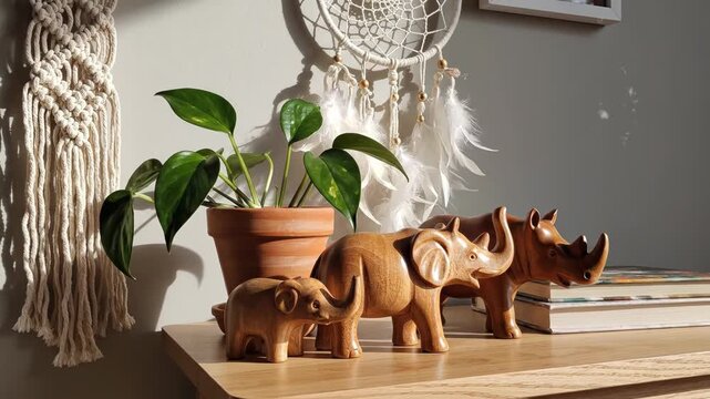 Wooden table with rhino and elephant statues and a plant