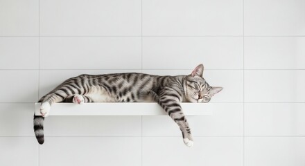 Silver tabby cat napping on a white shelf against tiled wall.