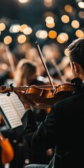 Fototapeta premium Elegant Classical Music Performance with Violinists Raising Bows in a Serene Orchestral Setting
