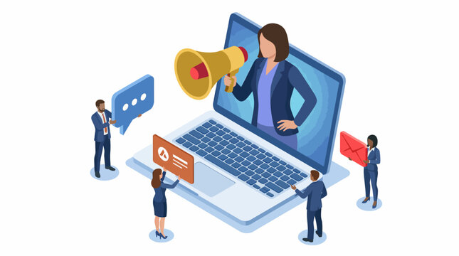 Isometric Digital Marketing and Promotion Strategy. Woman with Megaphone on Laptop Screen Leading Online Business Communication.