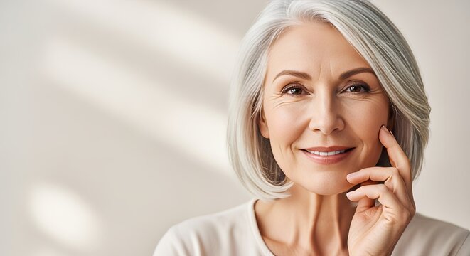 Elegant senior woman with silver bob and gentle smile, confidently showcasing her skincare routine.