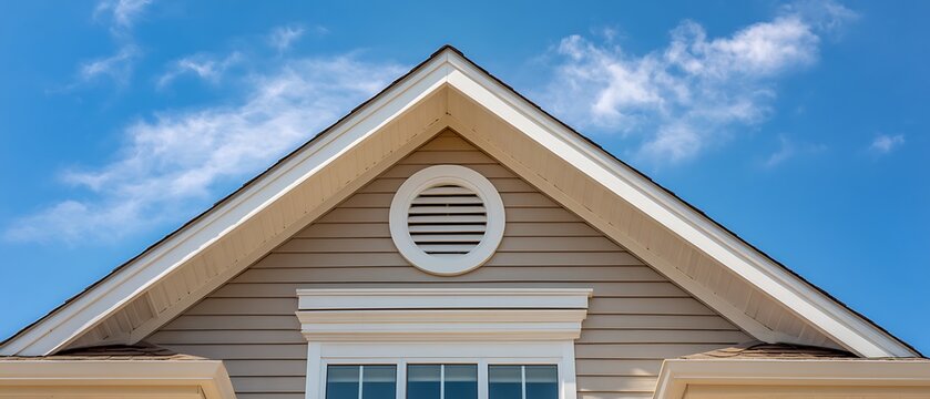 Gable end of a beige house with a round louvered vent and window under a blue sky