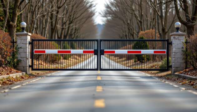 Automatic gate driveway security barrier closed road country lane winter tree rural entrance safety metal fence striped bar automatic gate blocks