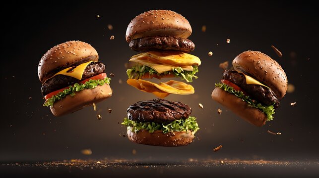Dynamic shot of flying and exploded burgers with fresh ingredients on a dark background.