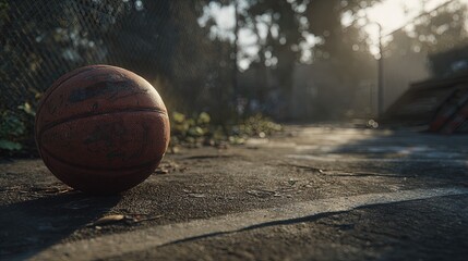 Abandoned Basketball On Dusty Outdoor Court